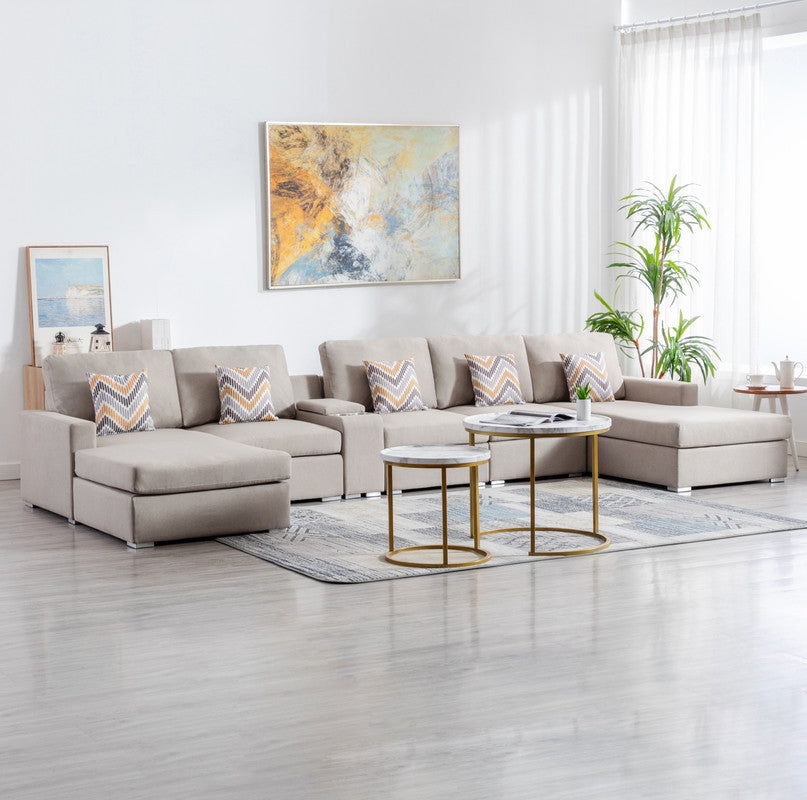 Nolan 163" Beige Linen Fabric 6Pc Double Chaise Sectional Sofa With Interchangeable Legs, A Usb, Charging Ports, Cupholders, Storage Console Table And Pillows Beige Linen