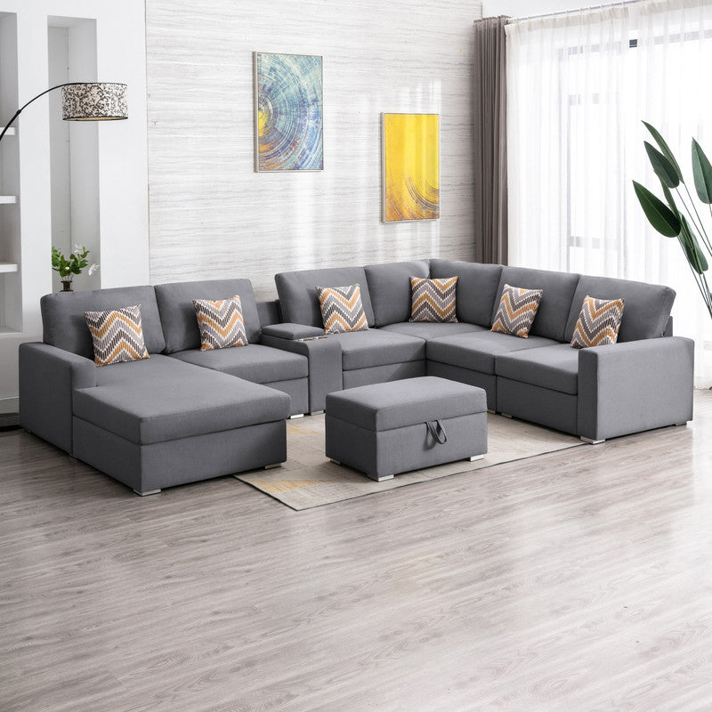 Nolan 135" Gray Linen Fabric 8Pc Reversible Chaise Sectional Sofa With Interchangeable Legs, Pillows, Storage Ottoman, And A Usb, Charging Ports, Cupholders, Storage Console Table Gray Linen