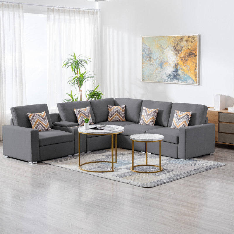 Nolan 106" Gray Linen Fabric 6Pc Reversible Sectional Sofa With A Usb, Charging Ports, Cupholders, Storage Console Table And Pillows And Interchangeable Legs Gray Linen