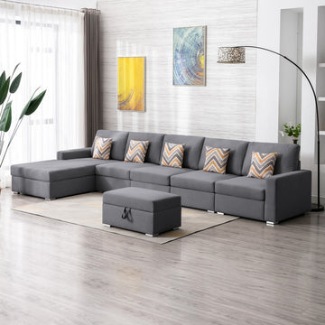 Nolan 152" Gray Linen Fabric 6Pc Reversible Sectional Sofa Chaise With Interchangeable Legs, Pillows And Storage Ottoman Gray Linen