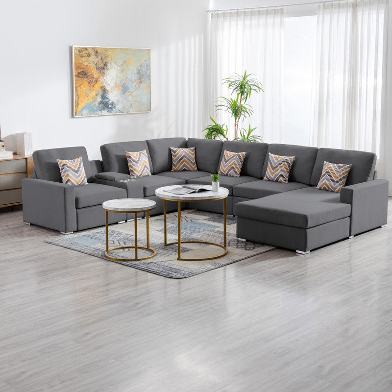 Nolan 124" Gray Linen Fabric 7Pc Reversible Chaise Sectional Sofa With A Usb, Charging Ports, Cupholders, Storage Console Table And Pillows And Interchangeable Legs Gray Linen