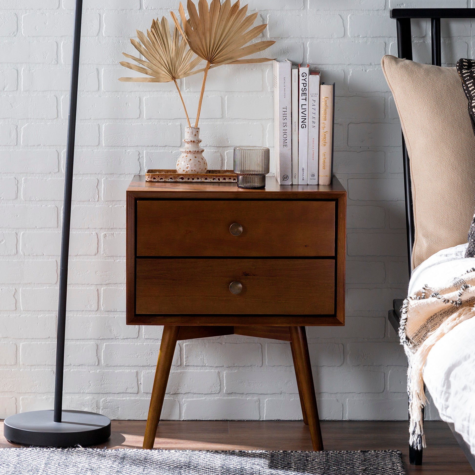 Mid Century Modern Double Drawer Solid Wood Nightstand Walnut Walnut Pine