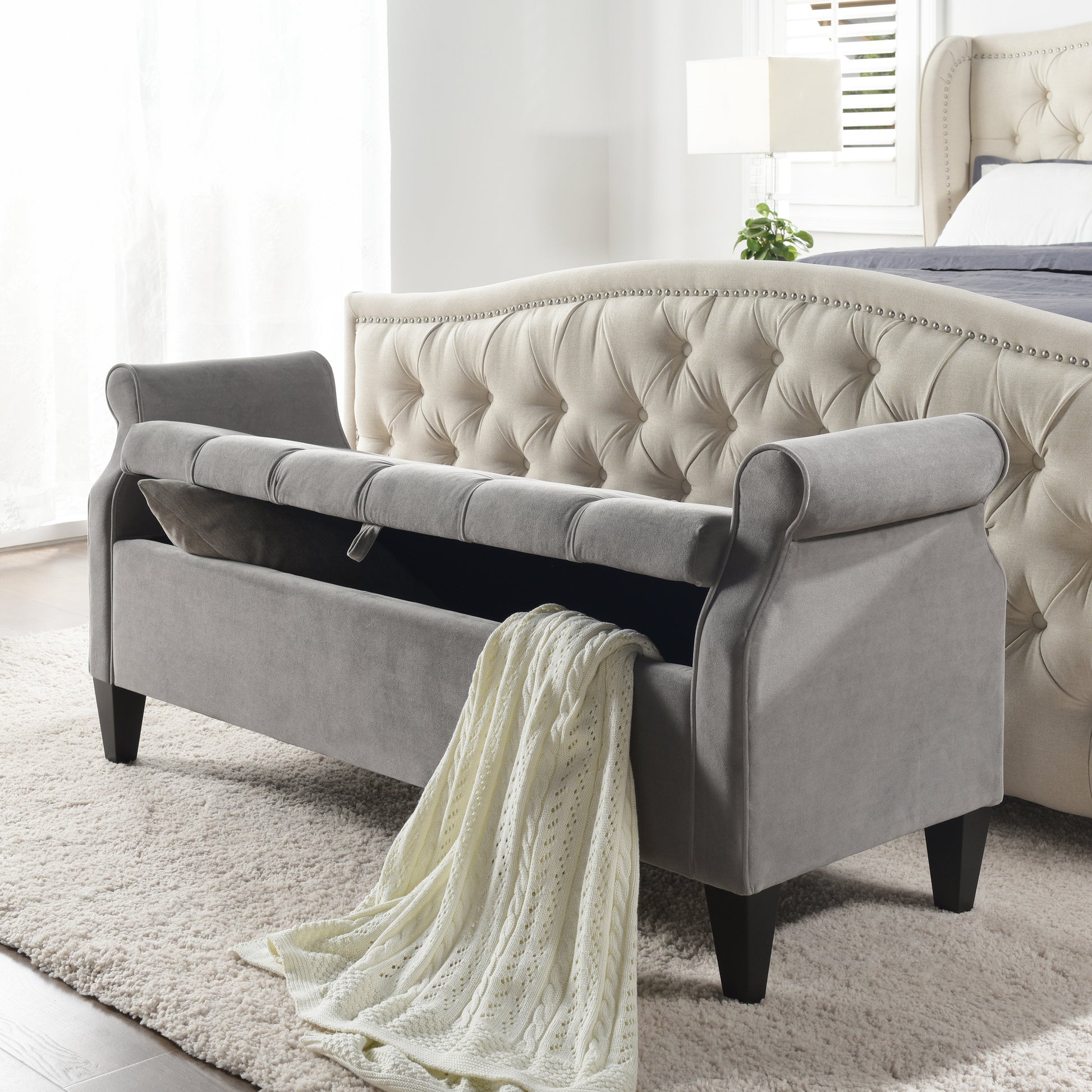 Jacqueline 57.5" Tufted Roll Arm Storage Bench, Opal Grey Velvet Gray Foam Velvet