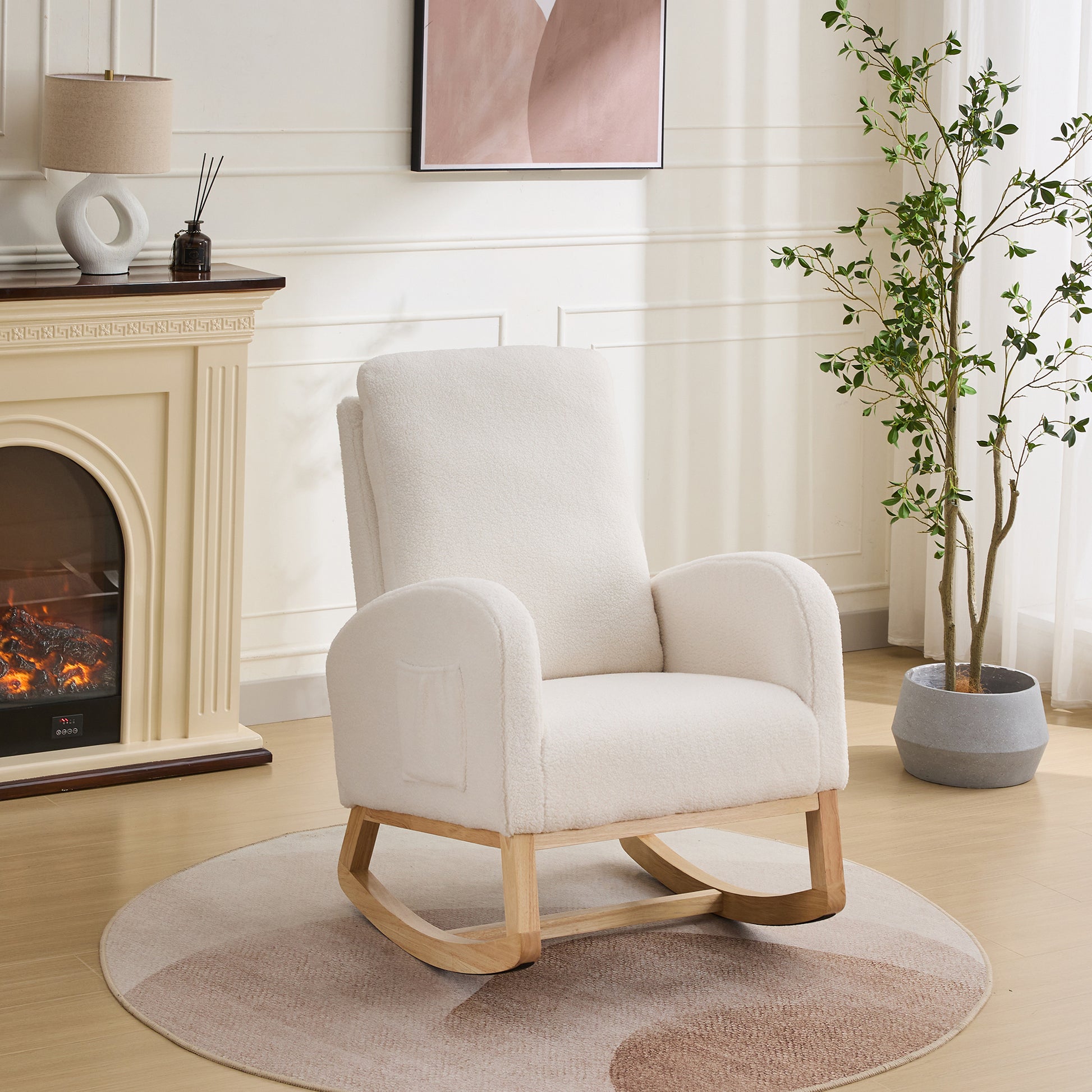 27.2"W Rocking Chair For Nursery, Sherpa Glider Chair With High Back And Side Pocket, Rocking Accent Armchair With Rubber Wood Legs For Living Room Bedroom.Ivory Ivory Sherpa