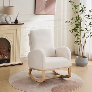 27.2"W Rocking Chair For Nursery, Sherpa Glider Chair With High Back And Side Pocket, Rocking Accent Armchair With Rubber Wood Legs For Living Room Bedroom.Ivory Ivory Sherpa