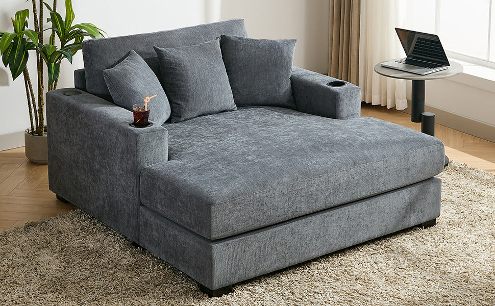 55" Oversized Chaise Lounger Modern Style Sofa Couch ,With Pillows, Charge Station & Cup Holders, Chenille Fabric, Blue Gray Blue Gray Chenille