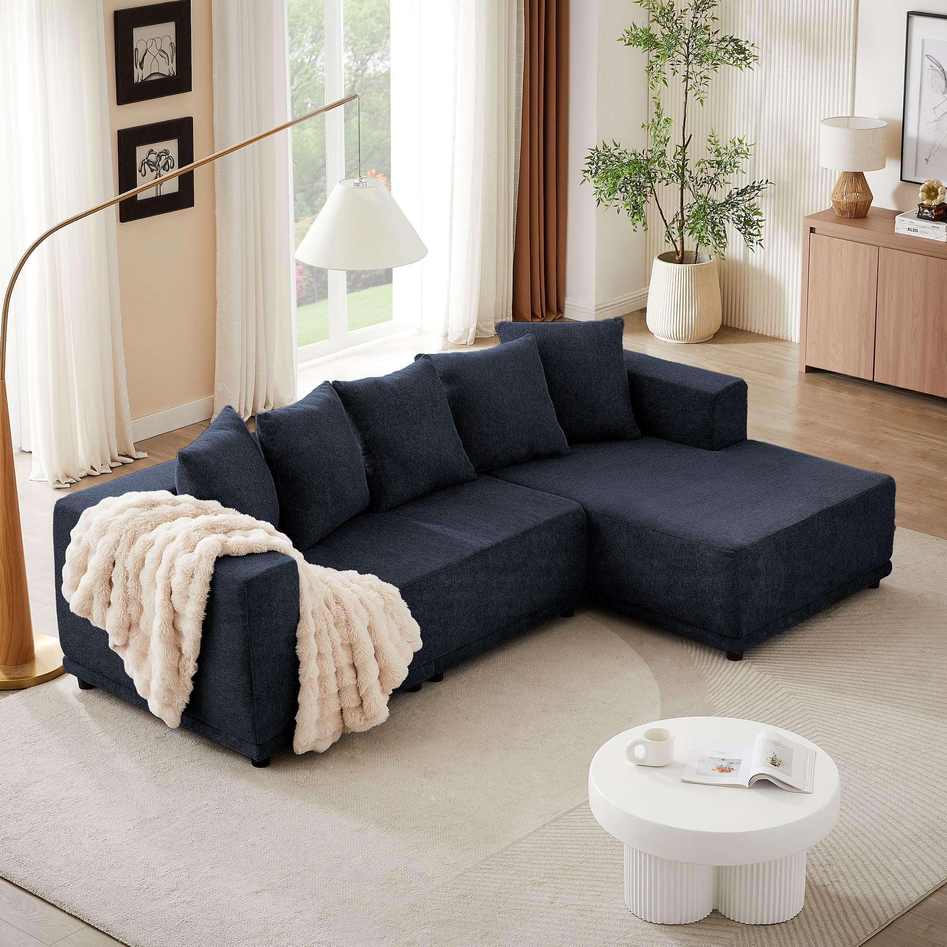 Chenille L Shaped Sectional Sofa Set,Minimalist Style Modular Sectional Sofa, Luxury Chenille Fabric Cloud Couch For Living Room Blue Chenille 4 Seat