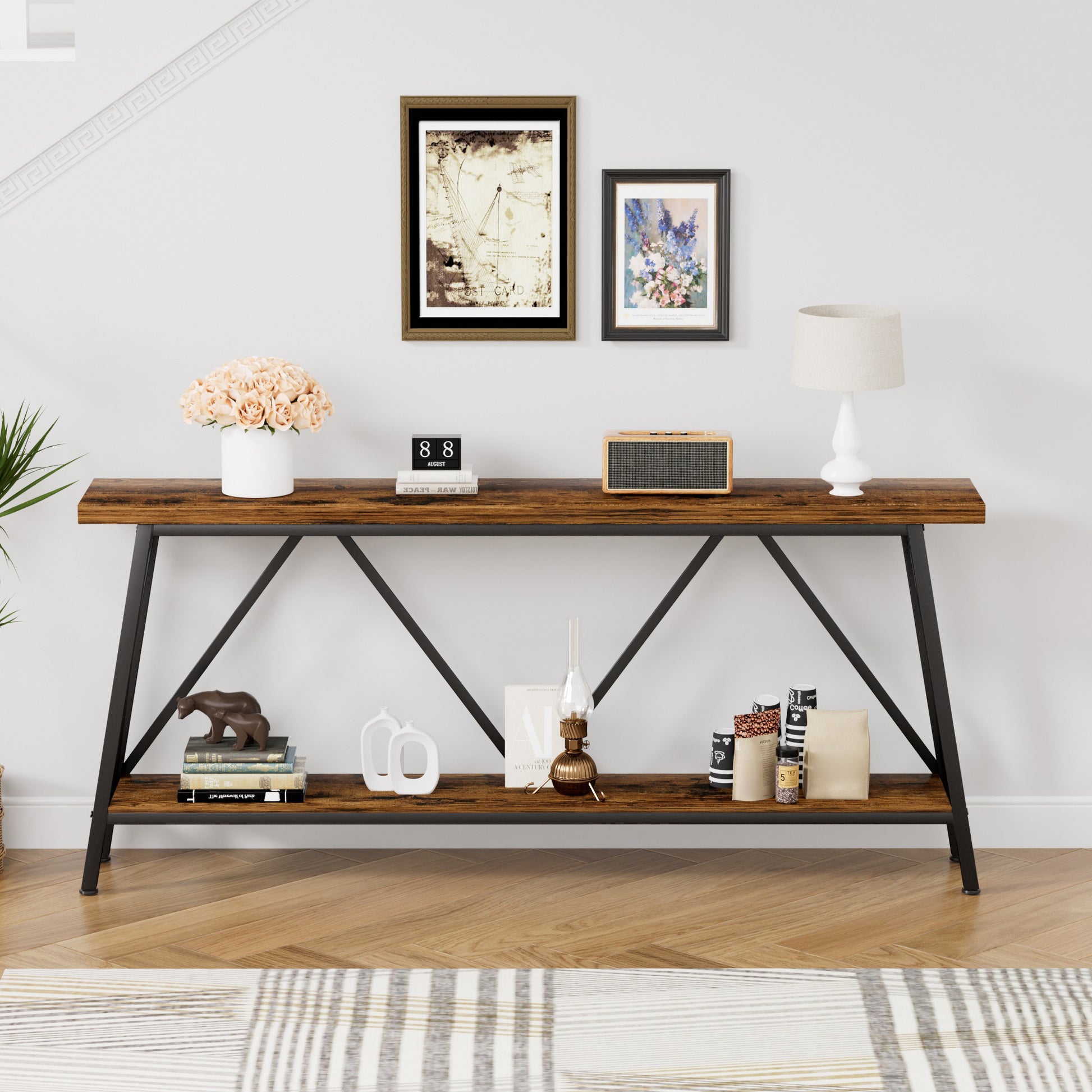 70.9 Inch Extra Long Sofa Table, Console Behind Sofa, Entryway Table With 2 Tier Storage Shelves For Hallways,Living Rooms,Foyers,Entryways,Banquet Rooms,Rustic Brown And Black, 70.9 L X 11.8"W X