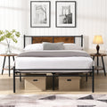 King Size Metal Bedframe,Headboard With Wood Panel Decoration,Black Black Brown Metal