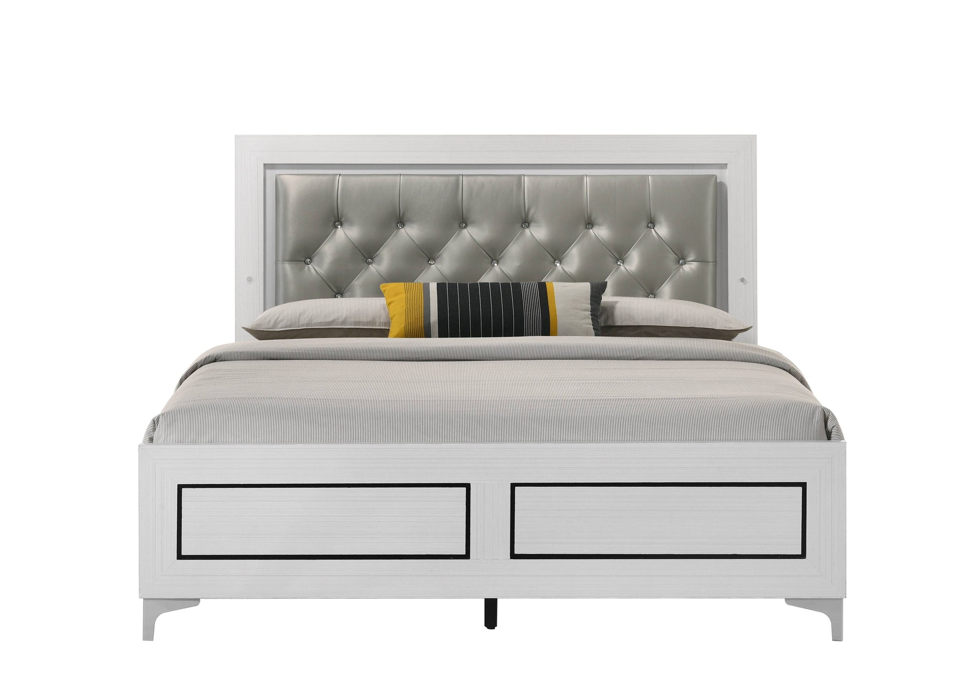 Grey And White Queen Bed With Led Light Padded Headboard Box Spring Not Required Queen Grey White Wood Bedroom Slat Beds Wood Fabric