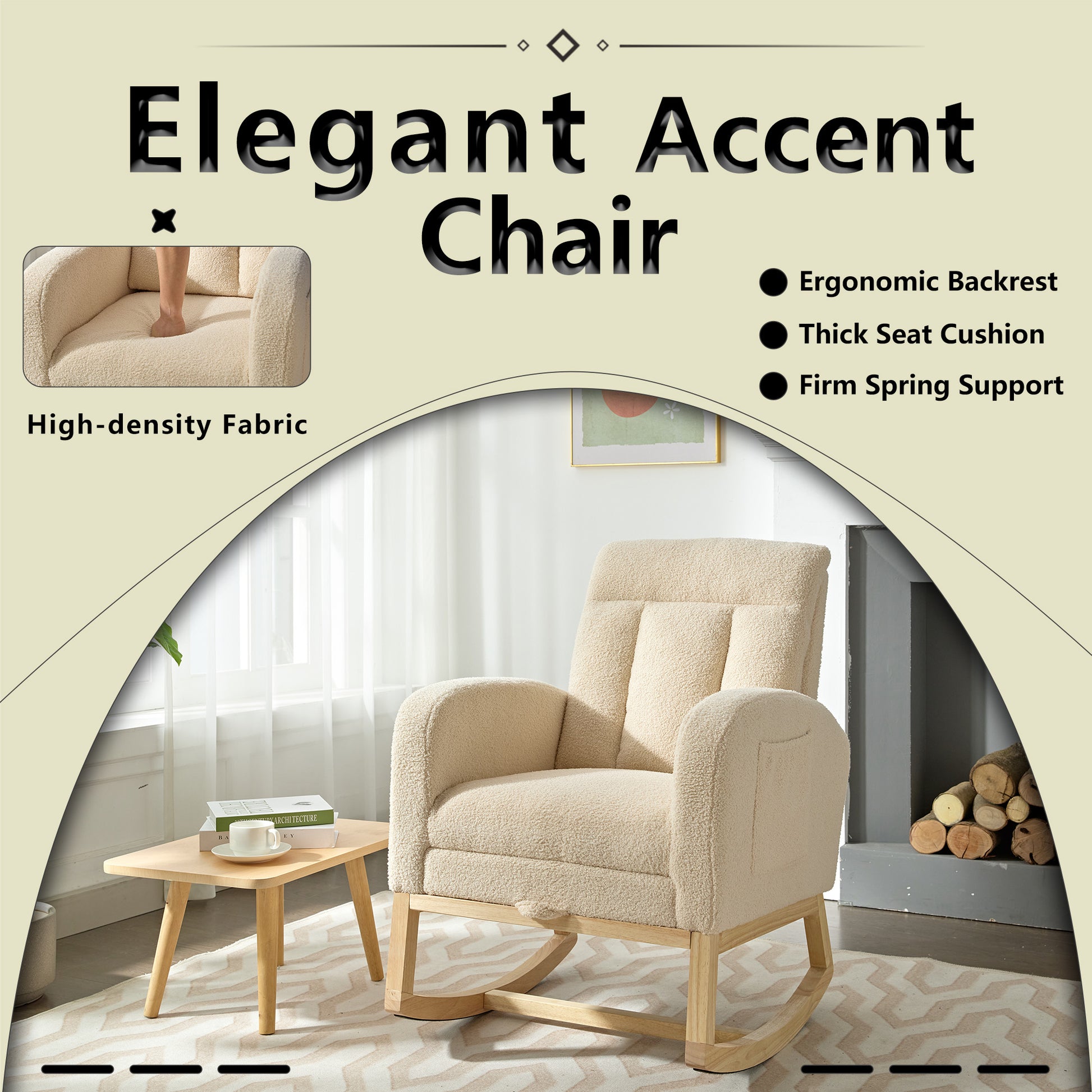 Modern Accent Rocking Chair Rocking Chair With Solid Wood Legs, Adjustable Footrest,Comfy Armchair With Side Pocket, Living Room Lounge Arm Chair With High Backrest Beige,Teddy Beige Polyester Blend