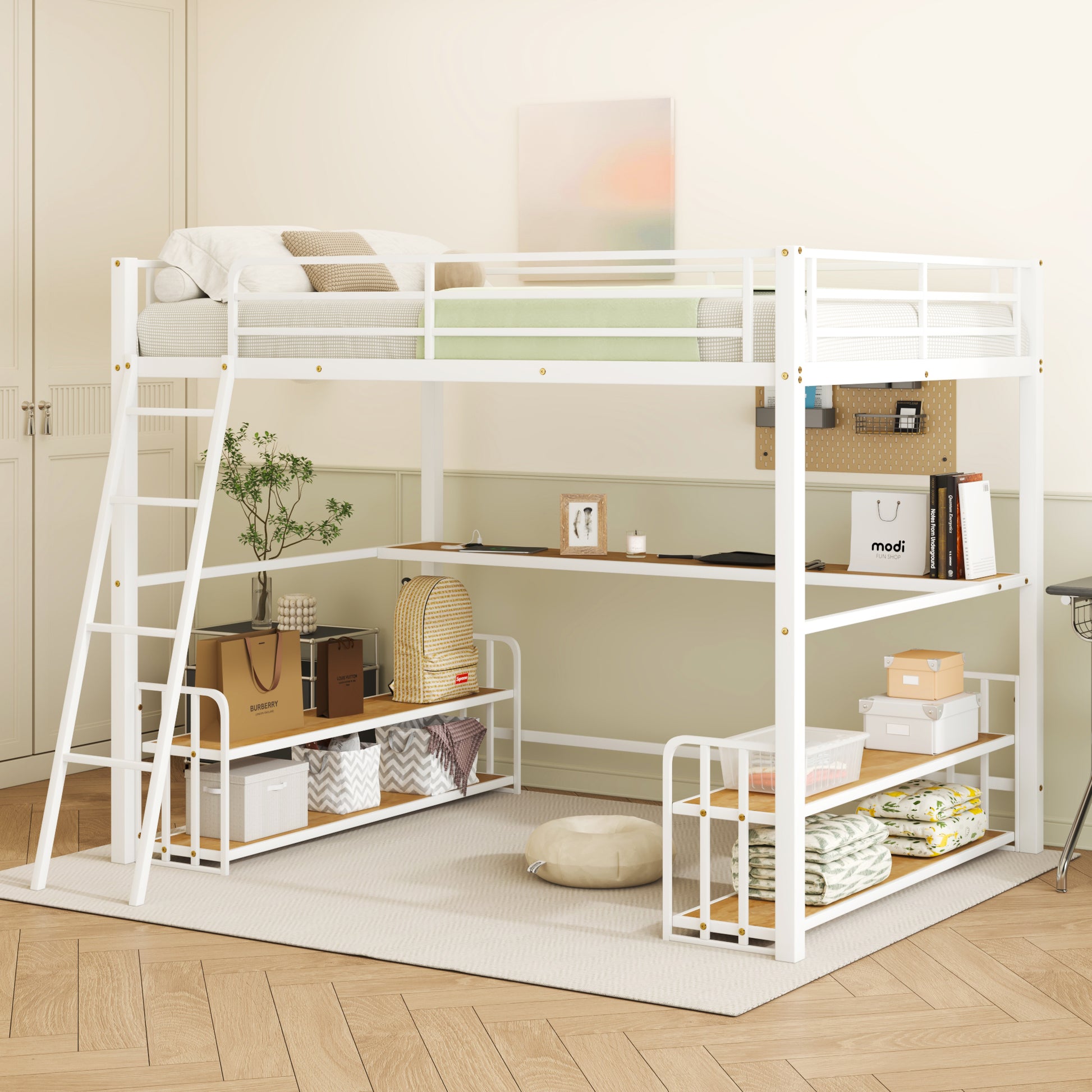 Full Size Metal Loft Bed With Desk, Storage Shelves And Charging Station, White Box Spring Not Required Full White Metal Mdf Metal