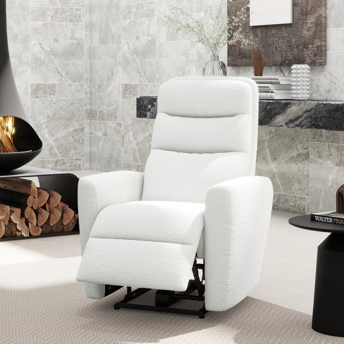 Bloomy 35.5" High Back Power Recliner Motion Chair, Chiffon White Boucle White Foam Boucle