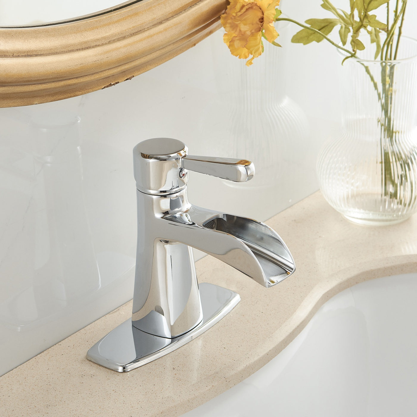 Polished Chrome Single Handle Bathroom Faucet With Waterfall Spout And Drain Chrome Brass