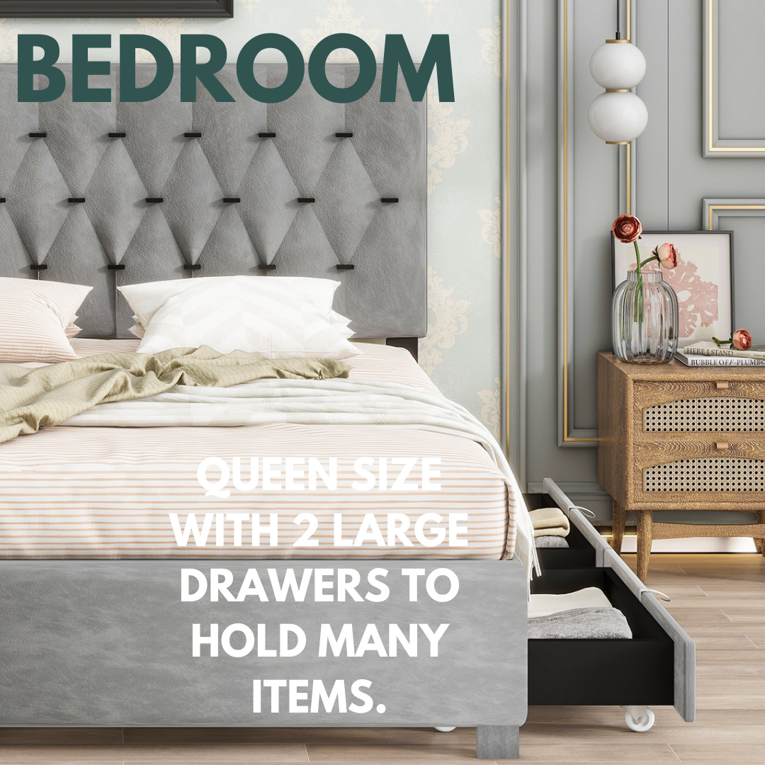 Gray Queen Size Trundle Pull Out Drawers Storage Upholstered Bed Modern Design No Box Spring Required Box Spring Not Required Queen Gray Wood Espresso Bedroom American Design,Casual,Contemporary,Modern Rubberwood Trundle Bed Included Fiber Foam And