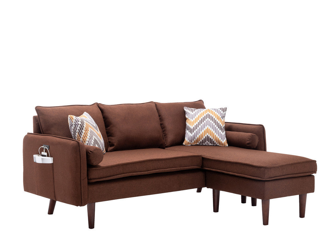 Mia 70" Brown Sectional Sofa Chaise With Usb Charger & Pillows Brown Linen