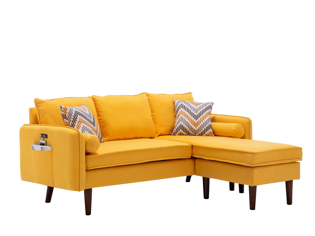 Mia 70" Yellow Sectional Sofa Chaise With Usb Charger & Pillows Yellow Linen