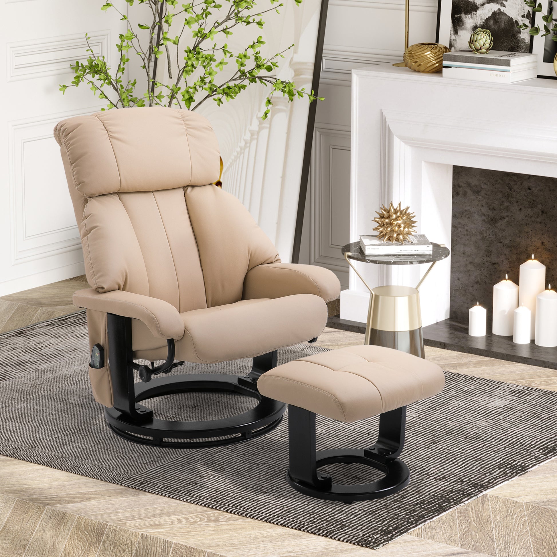 Homcom Massage Recliner Chair With Ottoman, 360 Swivel Recliner And Footstool, 10 Point Vibration, Pu Leather Reclining Chair With Side Pocket And Remote Control, Beige Beige Wood