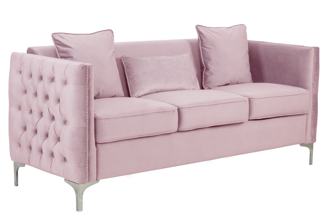 Bayberry 73" Pink Velvet Sofa With 3 Pillows Pink Velvet