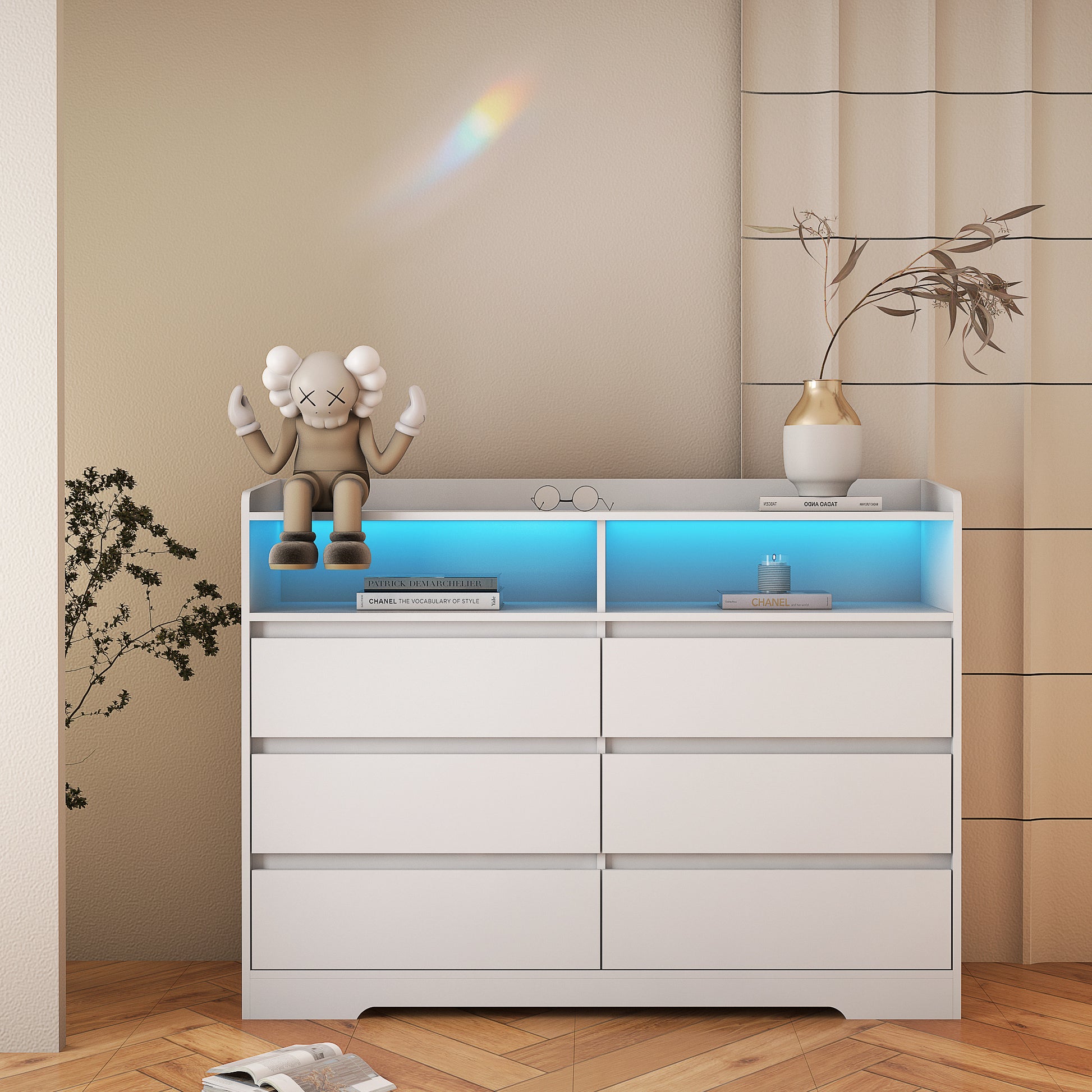 6 Drawer Dresser, White Dresser For Bedroom With Led Lights, Modern Dressers & Chests Of Drawers With Sturdy Frame For Living Room, Entryway, Hallway White Mdf