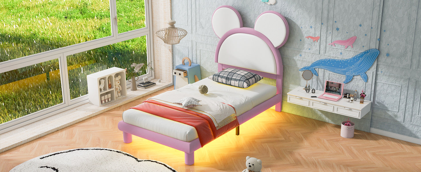 Twin Size Upholstered Platform Bed With Cartoon Ears Shaped Headboard And Led, White&Pink Box Spring Not Required Twin White Pink Bedroom Bed Frame Faux Leather Upholstered