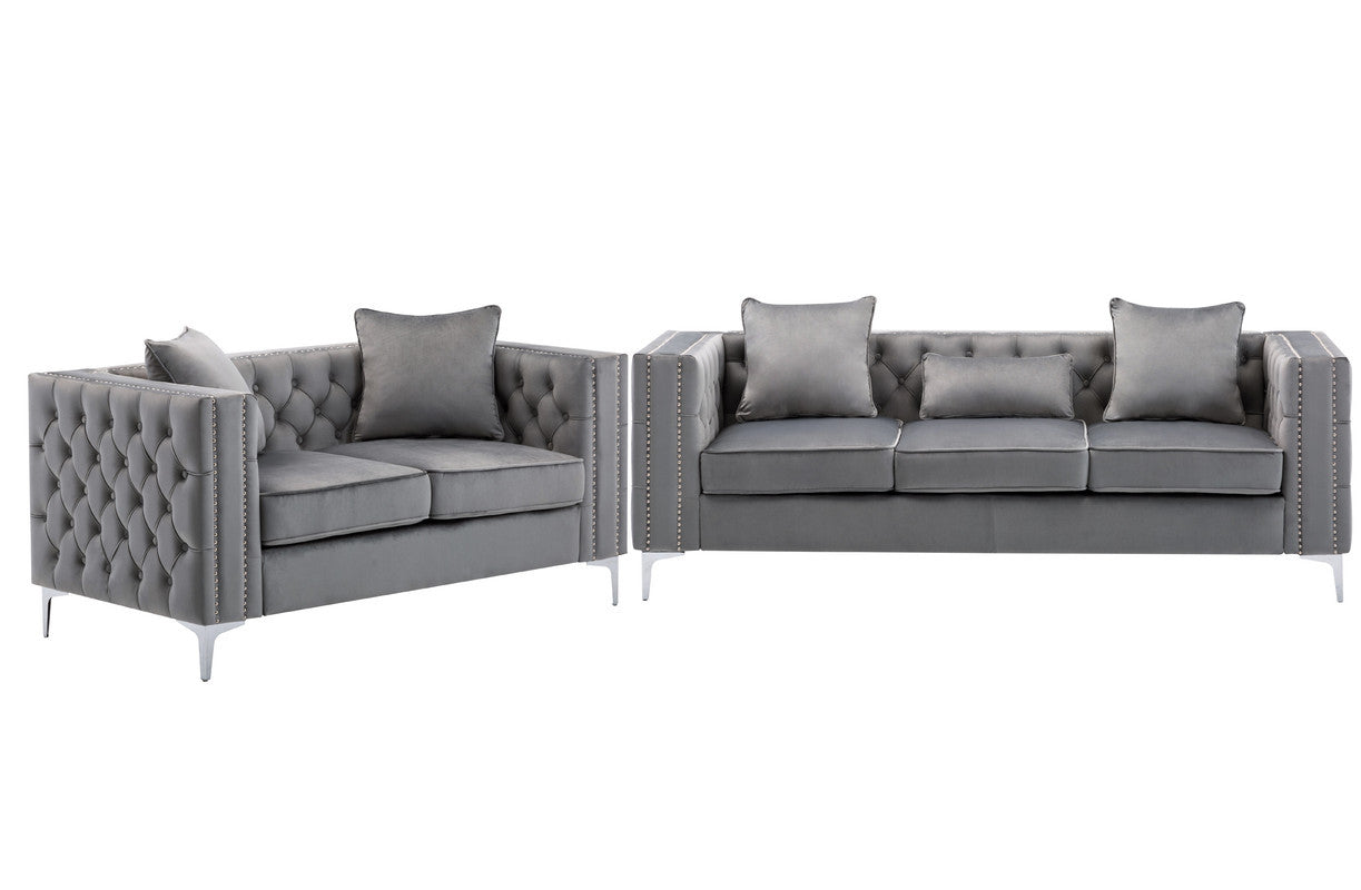 Lorreto Gray Velvet Fabric Sofa Loveseat Living Room Set Gray Velvet