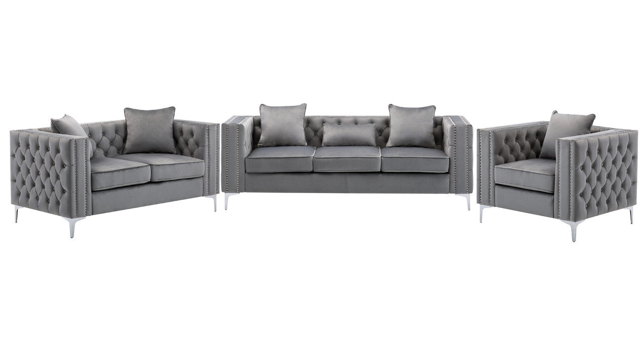 Lorreto Gray Velvet Fabric Sofa Loveseat Chair Living Room Set Gray Velvet