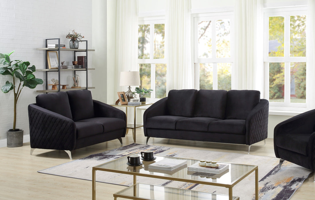 Sofia Black Velvet Fabric Sofa Loveseat Living Room Set Black Velvet