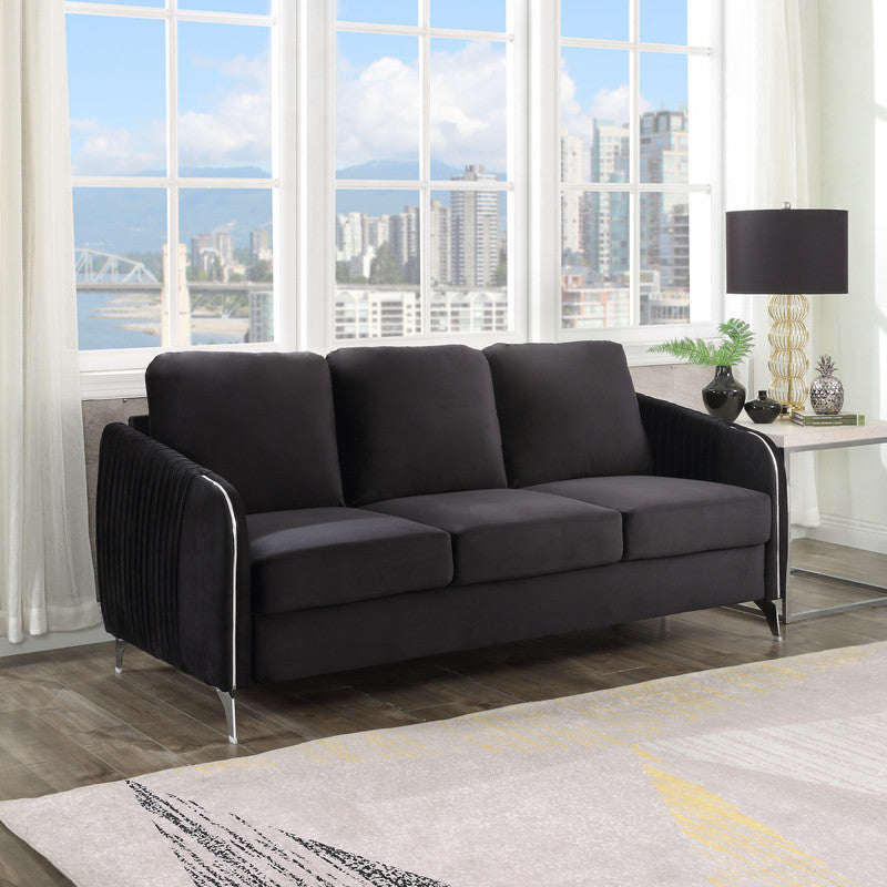 Hathaway 77" Black Velvet Modern Chic Sofa Couch Black Velvet