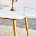 Table And Chair Set.A Morden Table With White Imitation Marble Patterned Stone Burning Tabletop With Golden Metal Legs.Paried With 4 Chairs With Pu Leather Backrest And Black Metal Legs. Black,White Gold Seats 4 Metal,Sintered Stone
