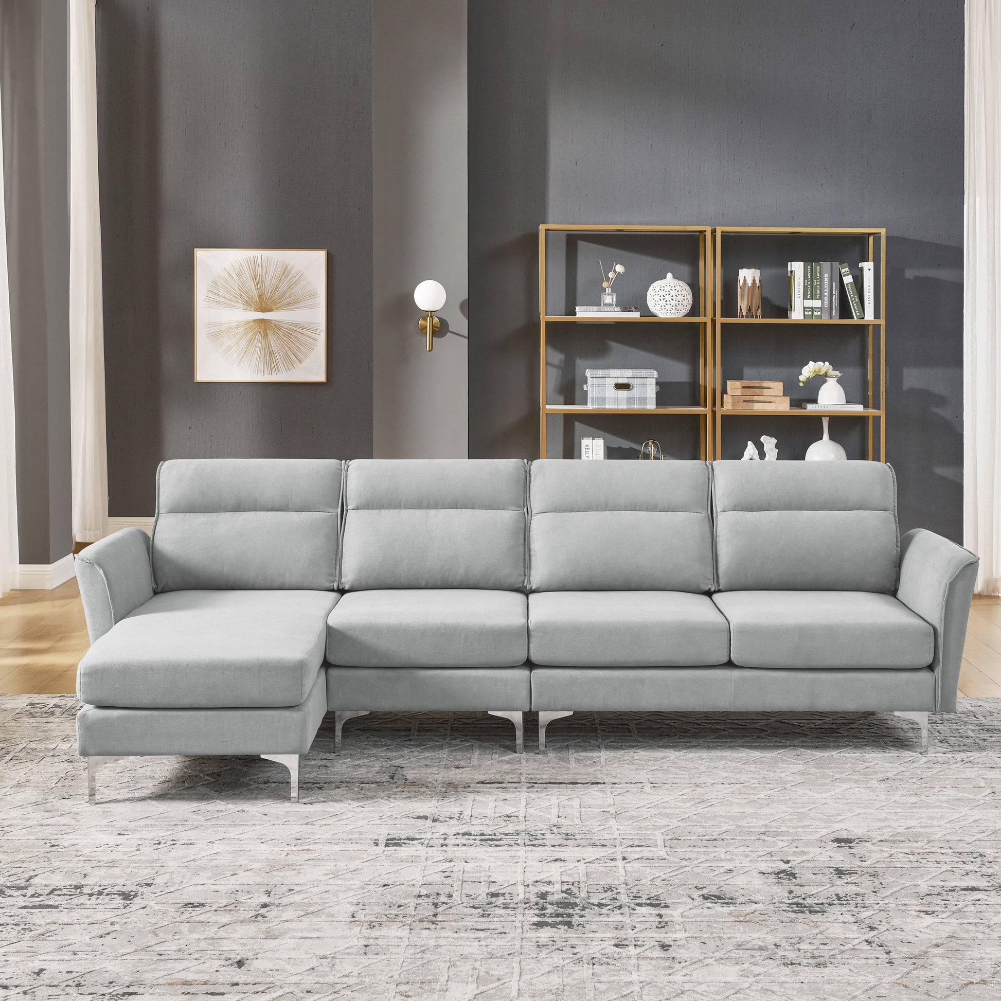 Modern Sofa 3 Seat Couch With Stainless Steel Trim And Metal Legs For Living Room,Package Compression Sofa Technology,Gray Gray Foam 3 Seat