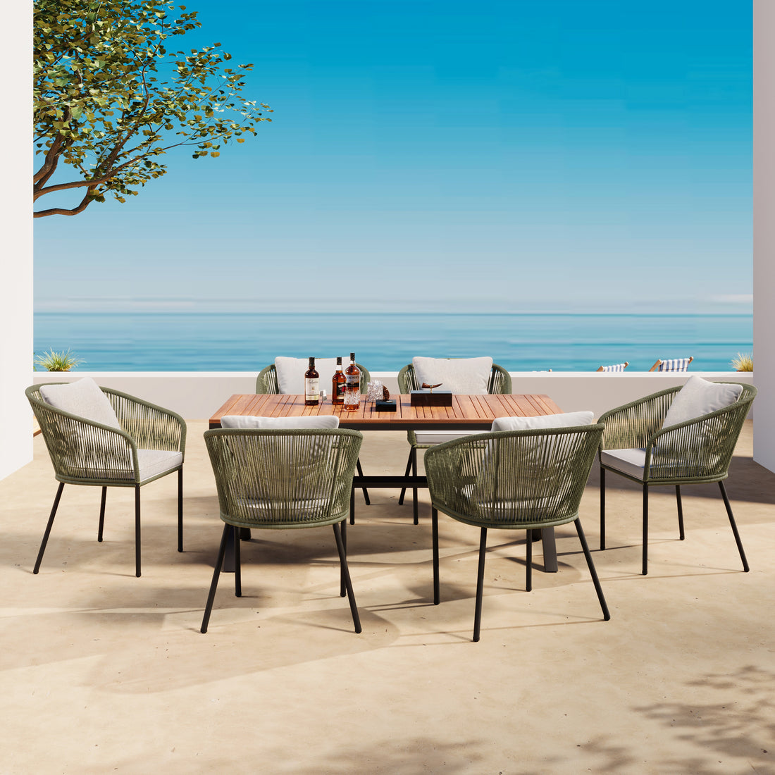 7 Pieces Patio Dining Set, All Weather Outdoor Furniture Set With Dining Table And Chairs, Acacia Wood Tabletop, Metal Frame, For For Garden, Backyard, Balcony, Green Yes Green Seats 6 Garden & Outdoor Complete Patio Sets Wood Wood Rope