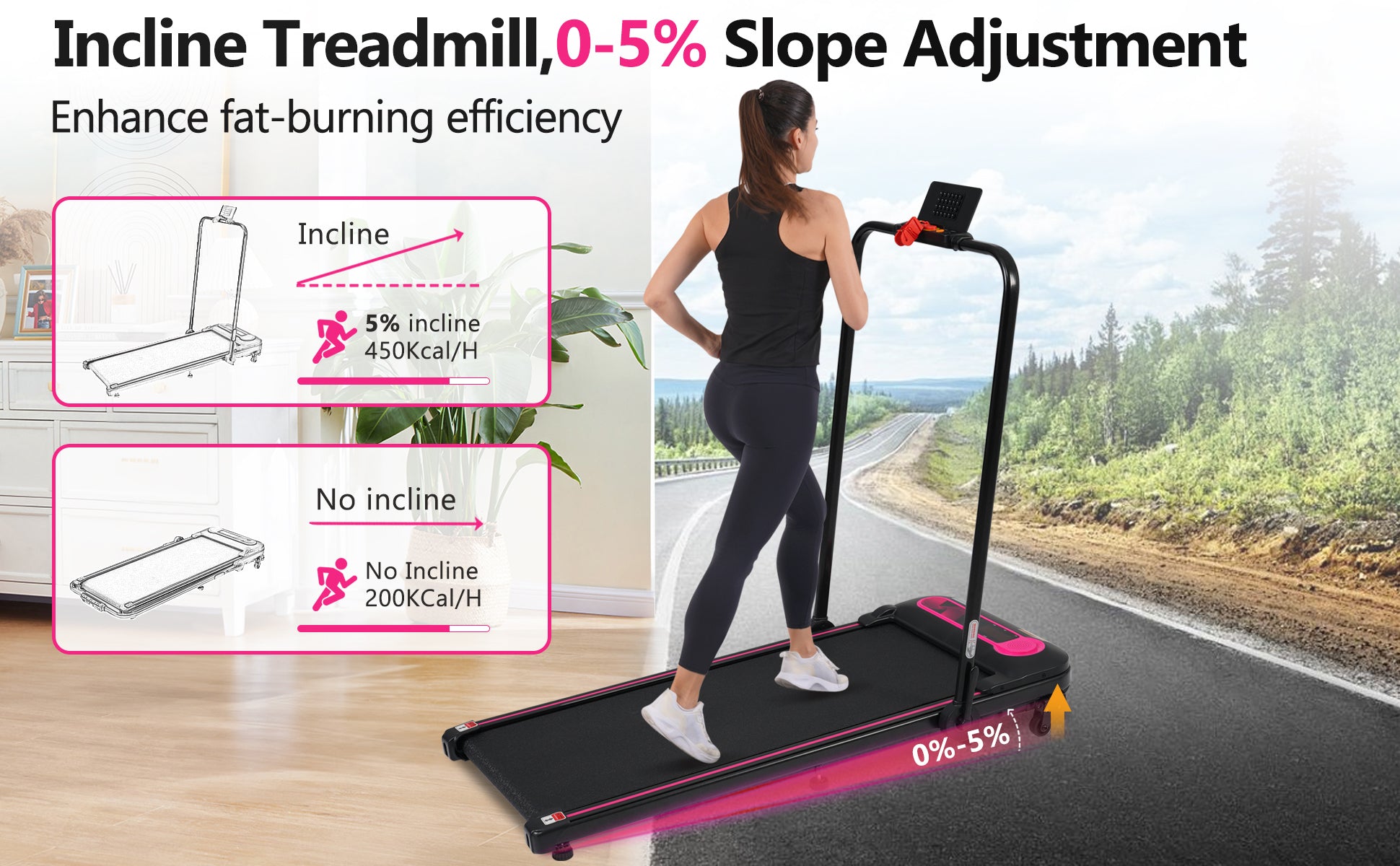 Folding Walking Pad Under Desk Treadmill For Home Office 2.5Hp Walking Treadmill With Incline 0.5 7.5Mph 300Lbs Capacity Treadmill For Walking Running Two Ways To Adjust Speed Indoor Fitness Pink