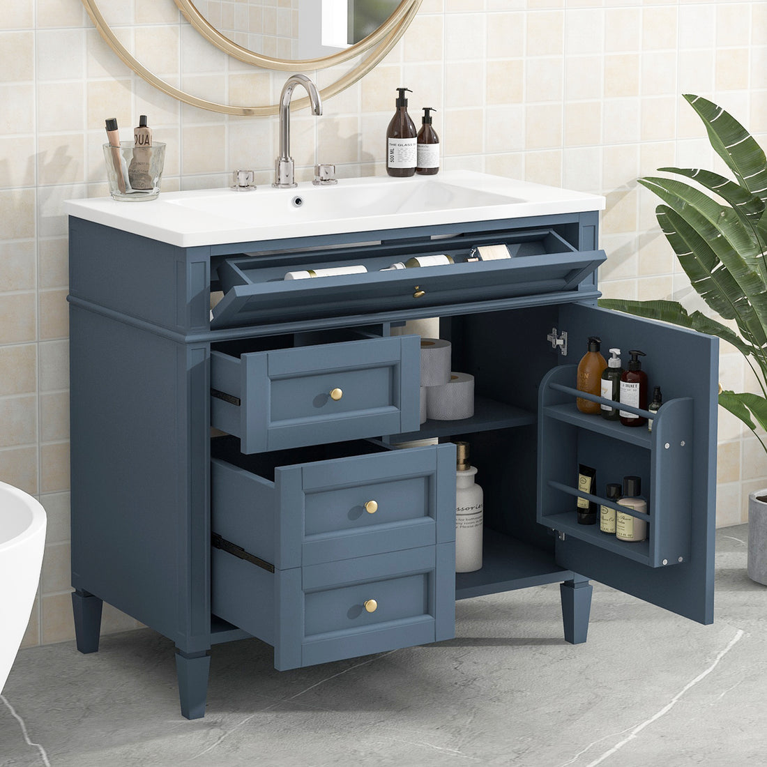 36'' Bathroom Vanity With Top Sink, Modern Bathroom Storage Cabinet With 2 Drawers And A Tip Out Drawer, Single Sink Bathroom Vanity 3 Blue 1 1 Adjustable Shelves Bathroom Freestanding Modern Solid Wood Mdf Resin Painted