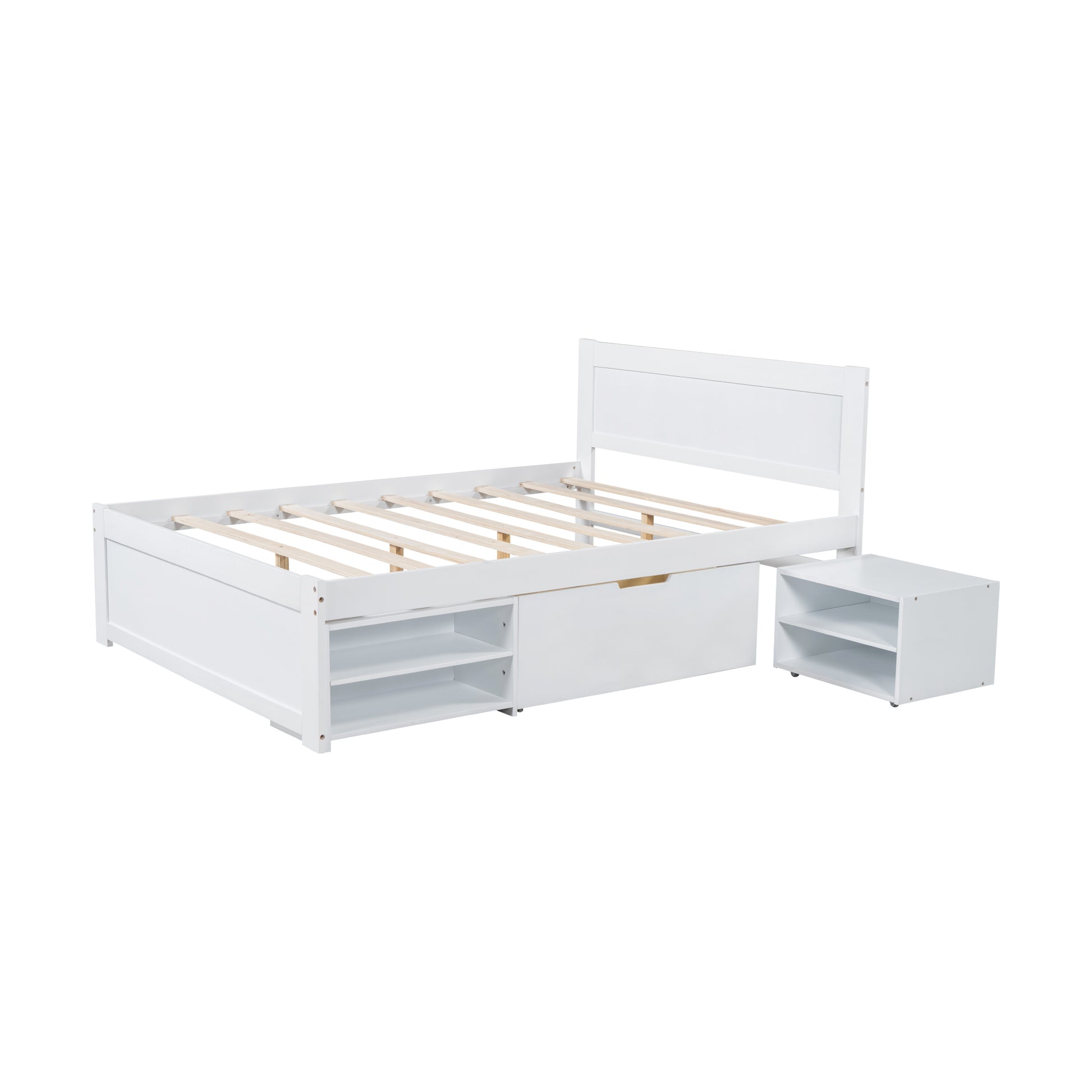 Full Size Platform Bed With Drawer And Two Shelves, White Full Antique White Mdf Lvl