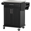 Homcom Kitchen Island On Wheels, Rolling Kitchen Cart With Stainless Steel Countertop, Drawer, Towel Rack And Spice Rack, Utility Storage Trolley, Black Black Mdf