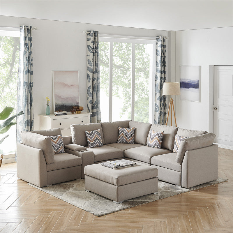 Amira 105.9" Beige Fabric Reversible Sectional Sofa With Usb Console And Ottoman Beige Fabric