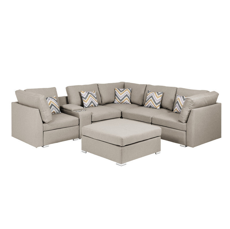 Amira 105.9" Beige Fabric Reversible Sectional Sofa With Usb Console And Ottoman Beige Fabric