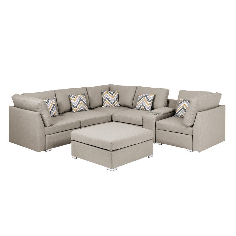 Amira 105.9" Beige Fabric Reversible Sectional Sofa With Usb Console And Ottoman Beige Fabric