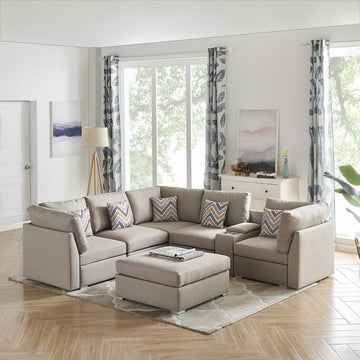 Amira 105.9" Beige Fabric Reversible Sectional Sofa With Usb Console And Ottoman Beige Fabric