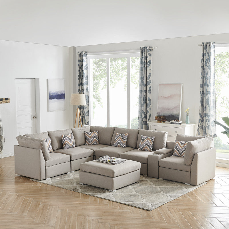 Amira 131.5" Beige Fabric Reversible Modular Sectional Sofa With Usb Console And Ottoman Beige Fabric