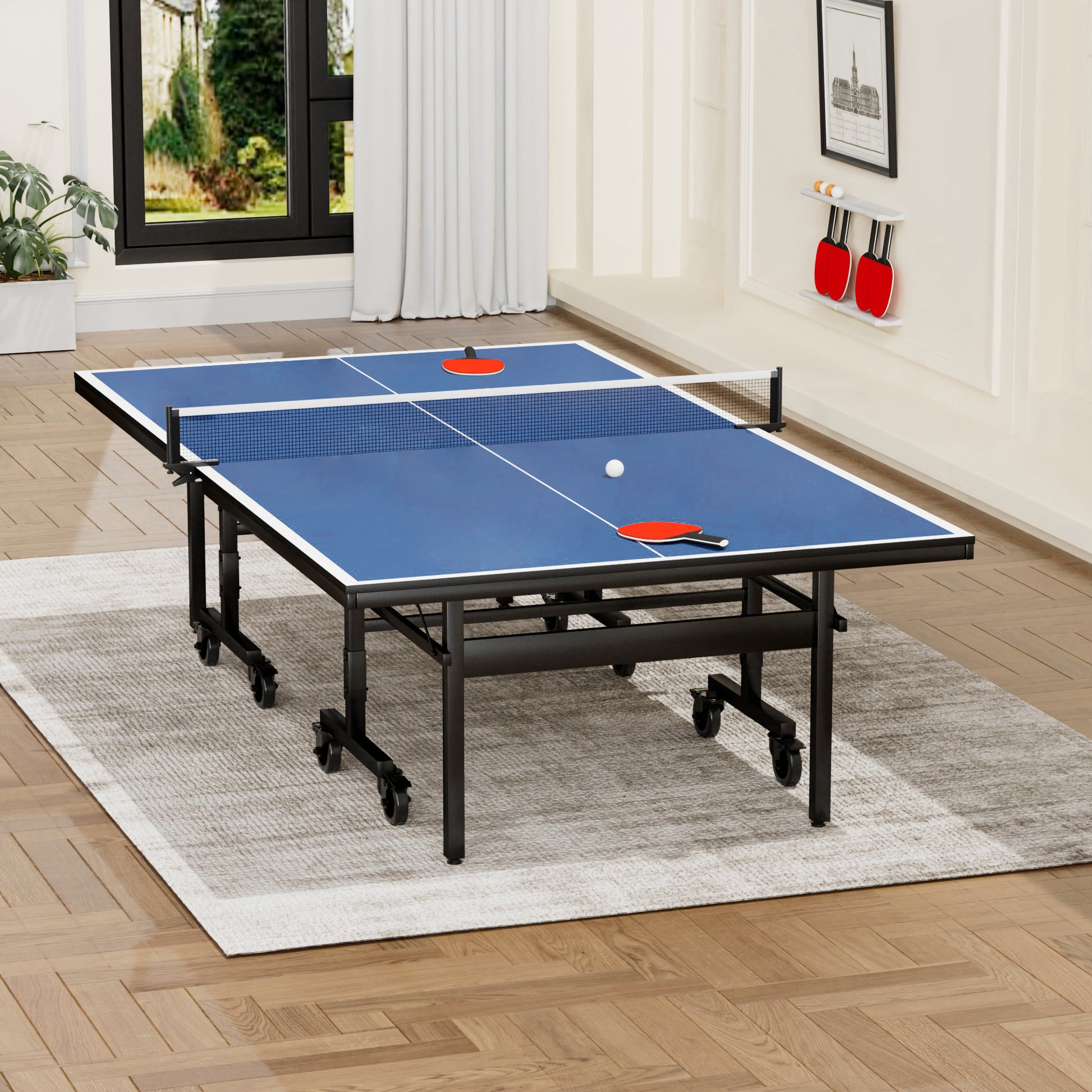 Table Tennis Table 15Mm Professional Mdf Indoor Table Tennis Table With Table Tennis Net And Bats Etc. Quick Assembly, Single Training Table, 108"L X 60"W X 30"H Black Blue Mdf Steel