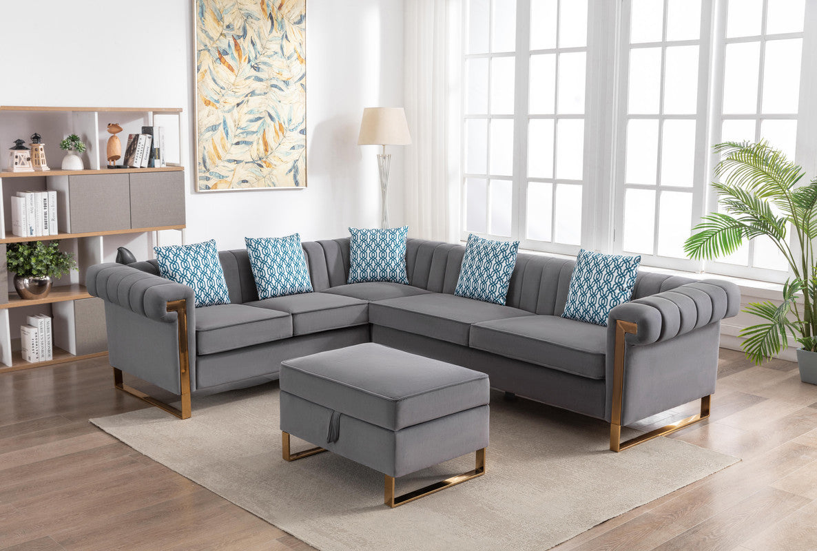 Maddie 109" Gray Velvet 6 Seater Sectional Sofa With Storage Ottoman Gray Velvet