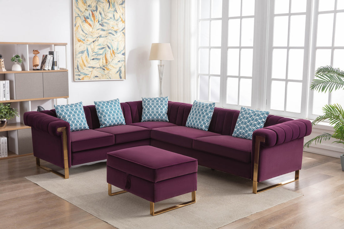 Maddie 109" Purple Velvet 6 Seater Sectional Sofa With Storage Ottoman Purple Velvet