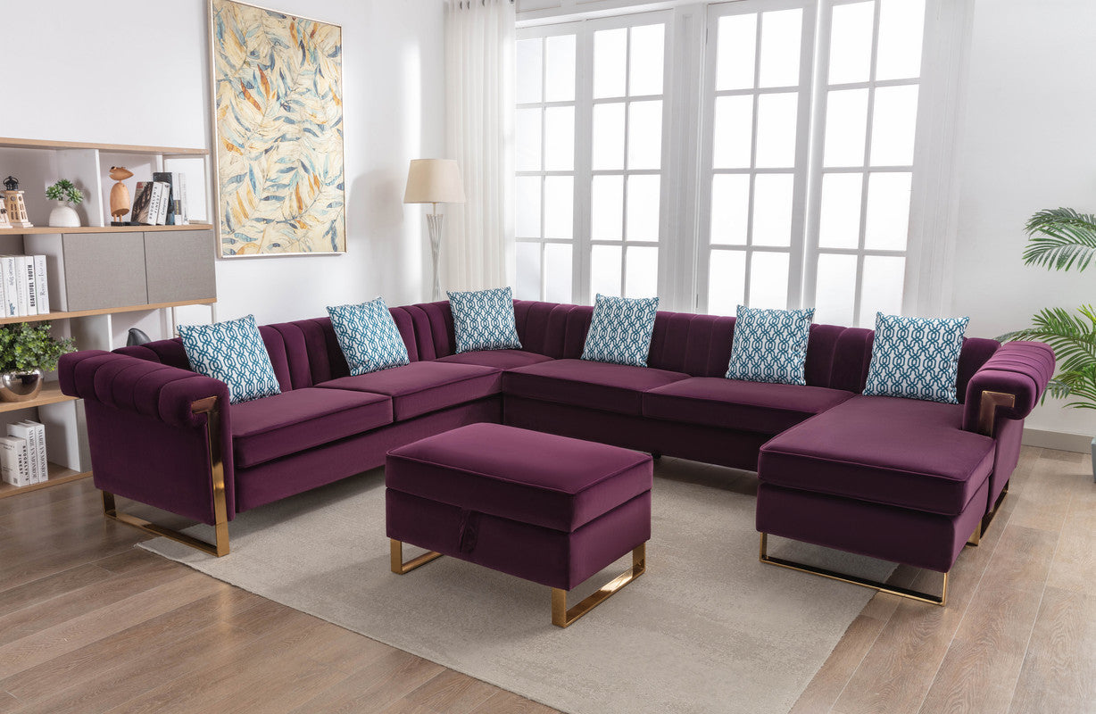 Maddie 130.5" Purple Velvet 8 Seater Sectional Sofa With Reversible Chaise And Storage Ottoman Purple Velvet