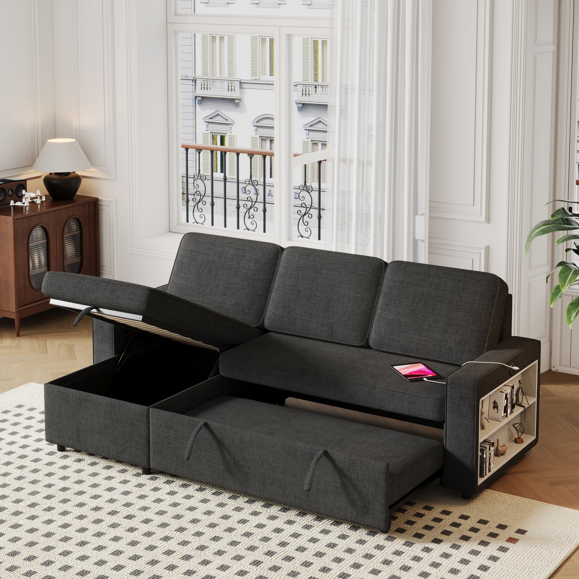 85.8" Pull Out Sleeper Sofa L Shaped Couch Convertible Sofa Bed With Storage Chaise And Storage Racks,With Usb Port And T Pyce Port Black Fabric 3 Seat