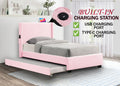 Pink Twin Size Upholstered Bed Frame With Trundle Bed, Teddy Fabric, Usb Functionality, And A Pocket Design On The Side Of The Headboard For Storing Small Items. Pink Is A Girl'S First Choice Box Spring Not Required Twin Baby Pink Wood Espresso Bedroom