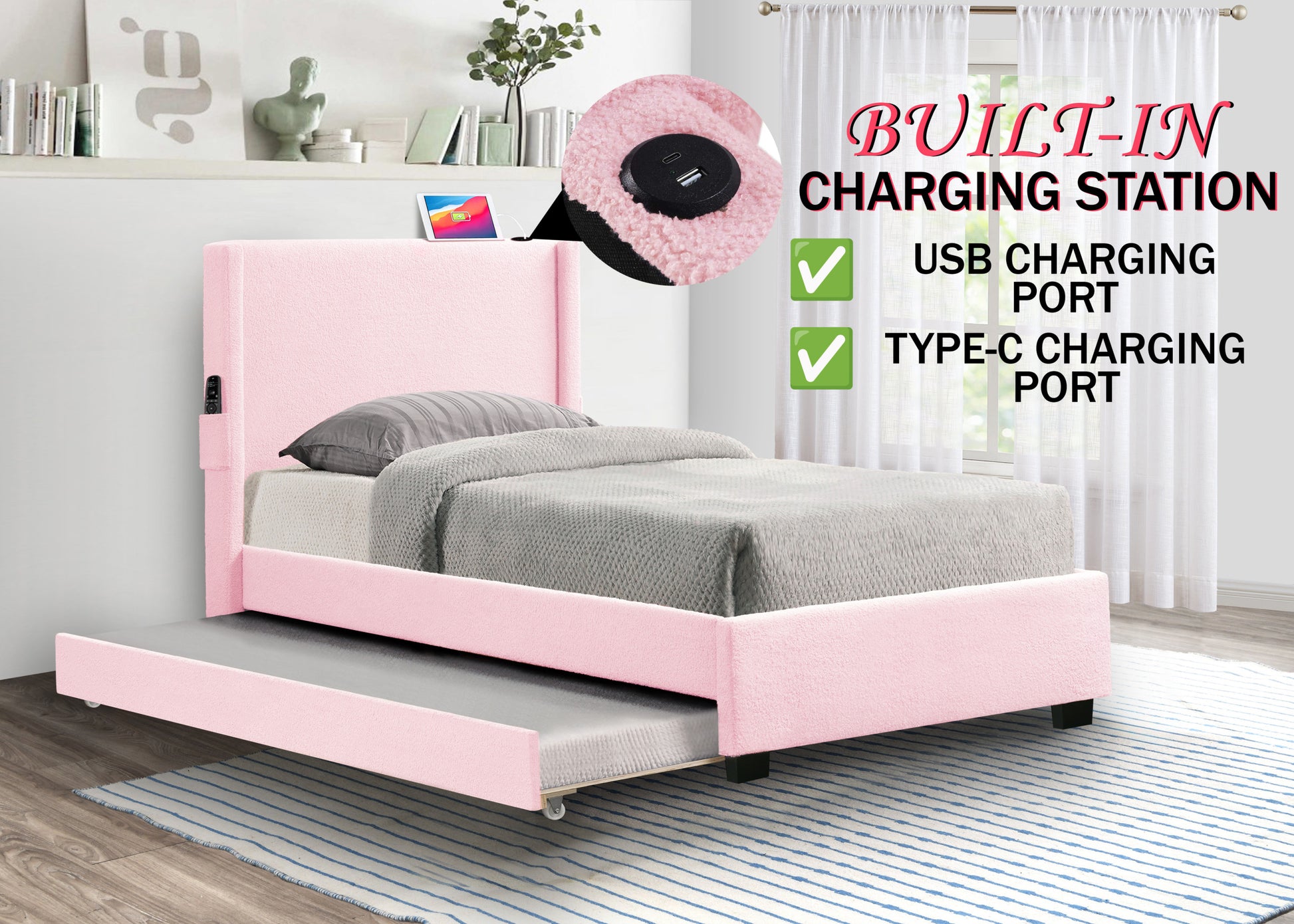 Pink Twin Size Upholstered Bed Frame With Trundle Bed, Teddy Fabric, Usb Functionality, And A Pocket Design On The Side Of The Headboard For Storing Small Items. Pink Is A Girl'S First Choice Box Spring Not Required Twin Baby Pink Wood Espresso Bedroom