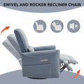 Blue Swivel And Rocker Power Recliner Chair, Heavy Duty Motion Mechanism With Usb And Type C Ports Blue Polyester Power Push Button Metal Primary Living Space Medium Firm Tight Back Heavy Duty American Design Pine Square Arms Fiber Foam And Polyester