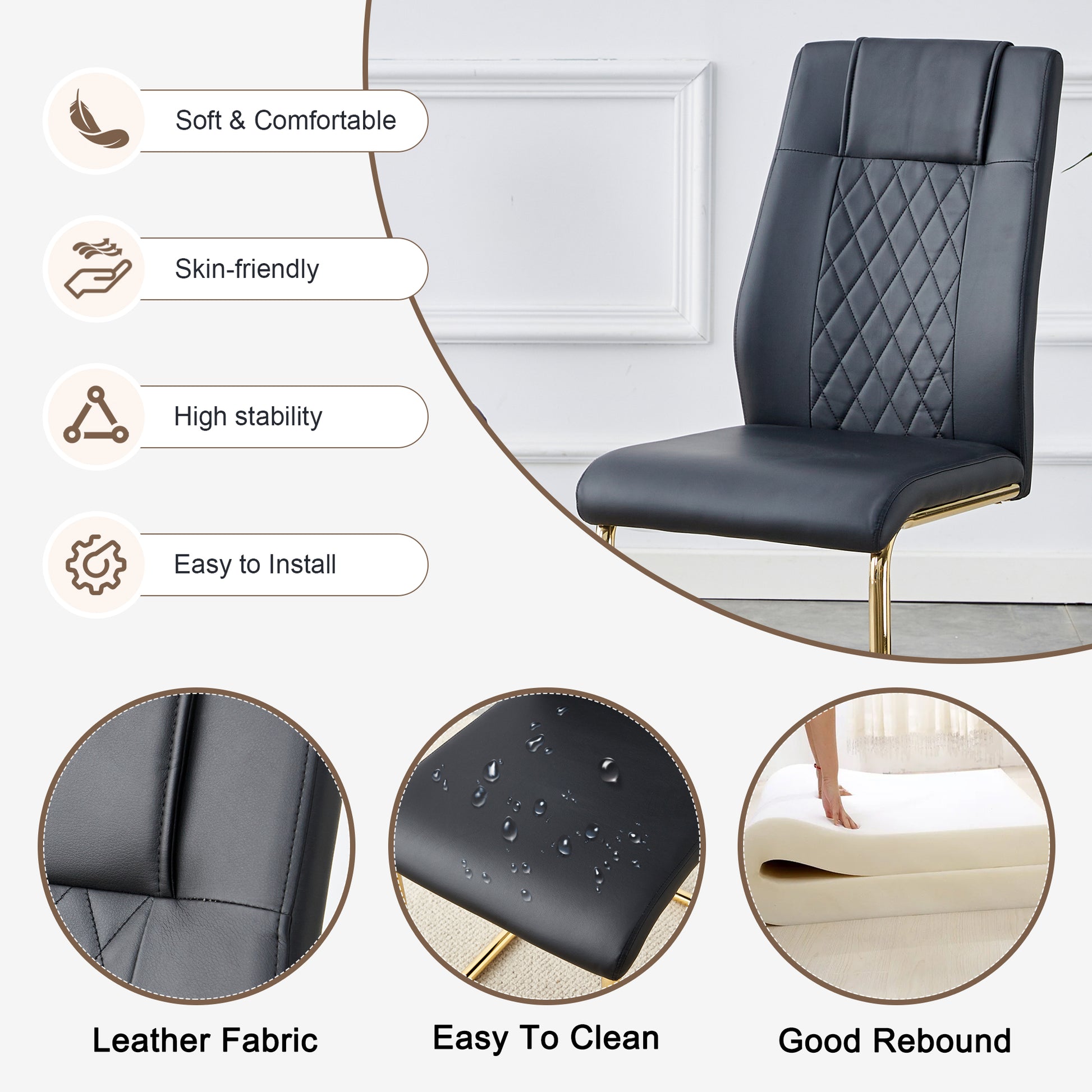 Table And Chair Set.The Table Has A Glass Tabletop With Imitation Marble Pattern Stickers And Stainless Steel Golden Table Legs. Paried With Comfortable Chairs With Pu Seats And Metal Legs. White Gold Seats 8 Glass Metal